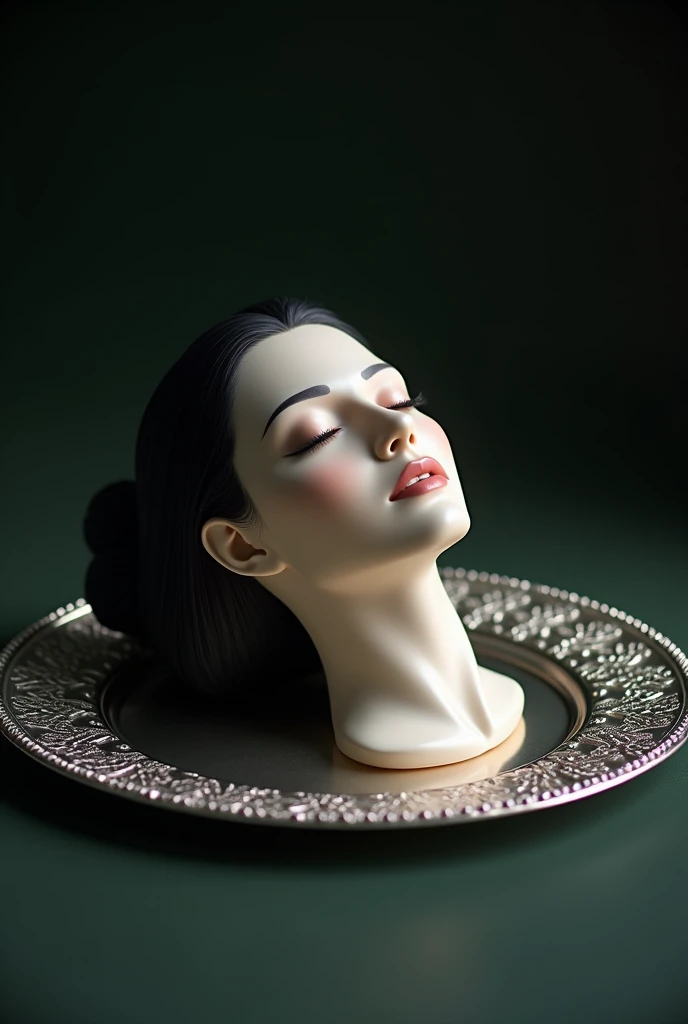 Create a surreal and elegant image of a disembodied head of a beautiful real Indian woman resting on an ornate silver platter. Her features are soft and serene, with smooth, porcelain skin that glows gently in the Natural light. Her eyes are closed, convey...