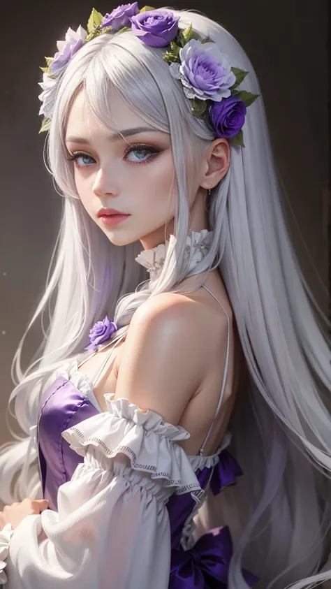 Silver hair, beautiful, long hair, purple eyes, dressed up, flower on head