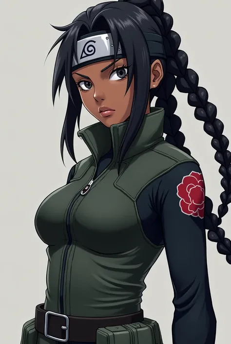  a black woman , He has, wearing a combat suit , with black braids and dark eyes , with small breasts and a Konoha headband, With anime features 