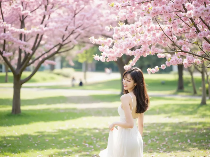 A serene spring scene: close up of a young woman in a flowy sundress walks leisurely through a lush park, surrounded by vibrant sakura blossoms. Soft sunlight filters through the trees, casting dappled shadows on her smiling face as she gazes down at the d...