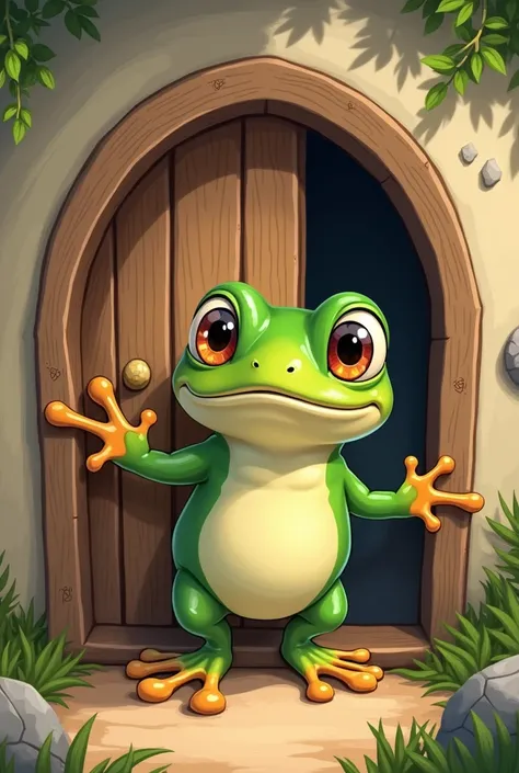 A cute little frog in 2d knocking on a door  