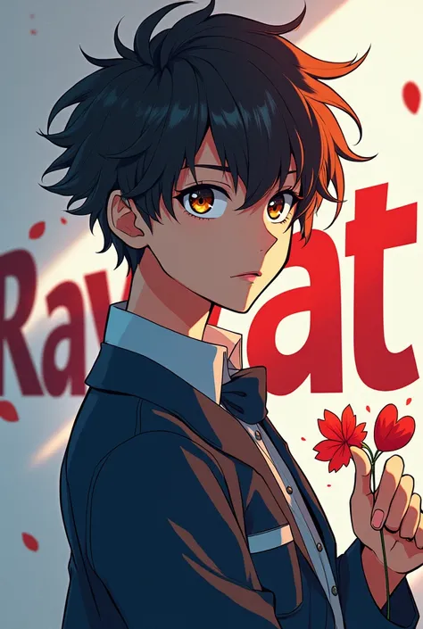 A anime school age 16  years boy write Rayat to background  showing the Rayat text