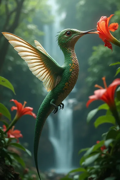 Hybrid Prompt:
"A mesmerizing snake-hummingbird hybrid hovering mid-air in a lush jungle. The creature has a serpent-like body with shimmering scales that transition into delicate, iridescent wings beating rapidly. Its head resembles a snake with vibrant h...