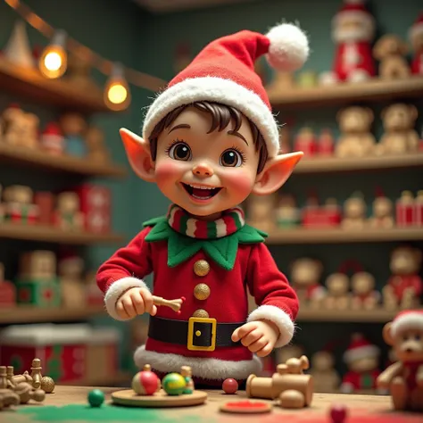 A vibrant, medium close-up of one of Santas elves, brimming with holiday spirit, in a bustling toy workshop. The elf is depicted with youthful energy, wearing a red-and-green uniform adorned with gold buttons, a striped scarf, and a hat with a fluffy white...