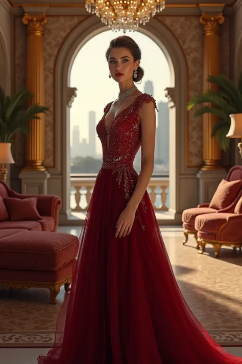 Anna Oginova in a Dubai mansion wearing a long evening dress