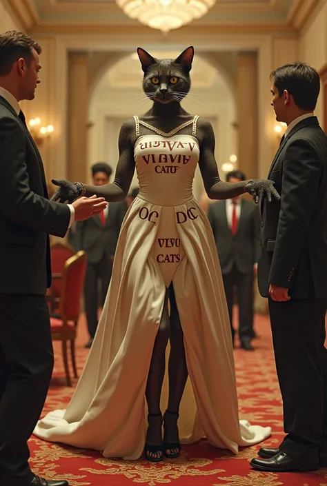 The cat women in donkey wearing a hotel dress "vevo cats" write on hotel dress in a hotel, shes giving food the the people 
