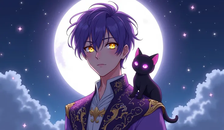 " A young male character of 19 years ,  with striking appearance and divine energy .  He has short and slightly messy purple hair ,  bright yellow eyes that convey a determined and mysterious look .  Your expression is confident ,  with a touch of serenity...