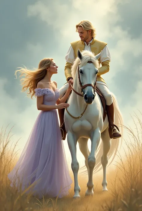 A woman in light lavender dress in her dream finds her prince charming coming towards her on a white horse with golden long hair