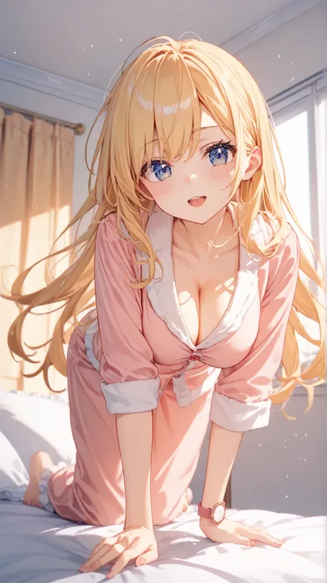 masterpiece、 high quality 、水色のpajamasを着た女性がひざまずいている,  1 girl,  has a loose chest, pajamas , Alone,  blonde hair,   long hair,（large breasts:1.5) ,  on all fours,  watch viewers,  girls room、 bed