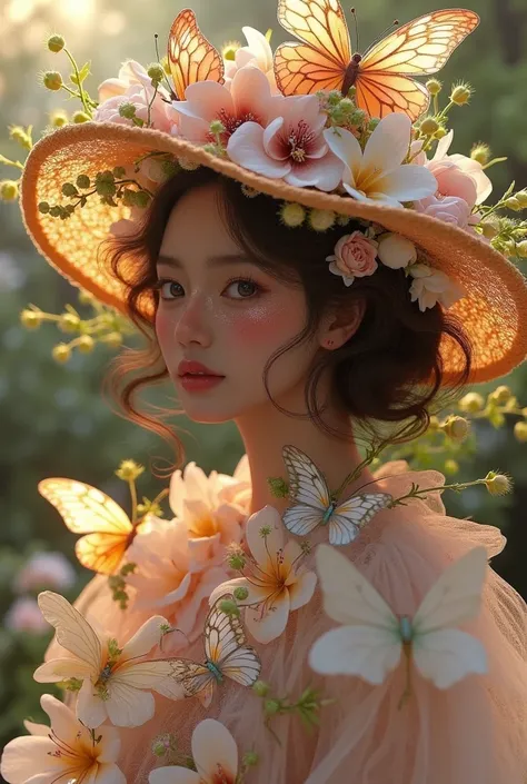 There was a woman，Wears a flower hat on the head ， has a butterfly decoration on the head, Fairy Tale Core,A beam of light