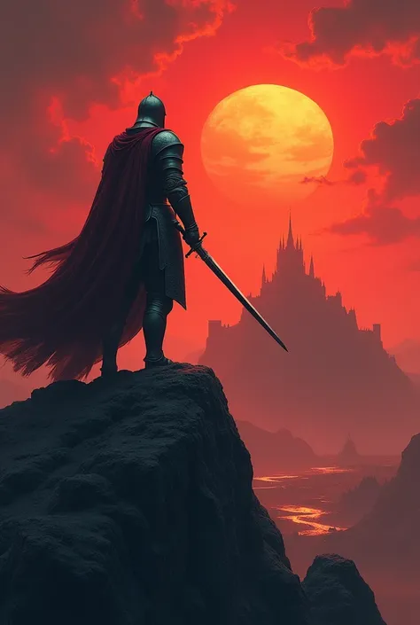  A knight stood on the top of a mountain , crossed sword handle .  The sky stained with a fiery red sunset .  Far away was a huge fortress . Under the ground ,  armies of 2 kingdoms marching in preparation for battle