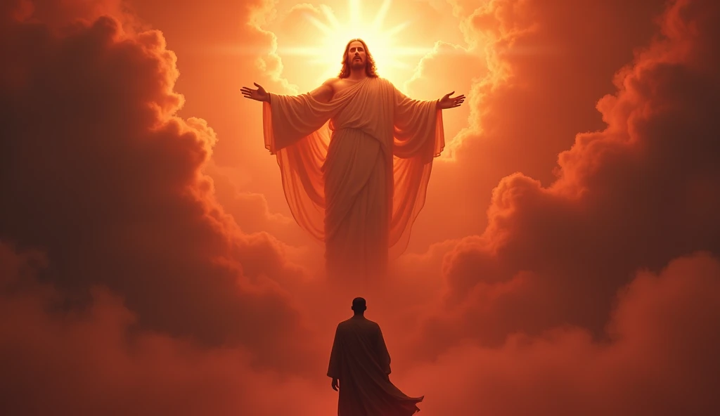 Jesus Christ in sky, Jesus anger, man front of Jesus, red background, fogg