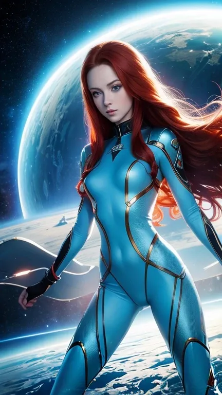 fantasy art work of a beautiful woman with long curly red hair light blue eyes and pale skin and wearing a skintight spacesuit with no helmet flying a small futuristic spaceship in space, cinematic lighting