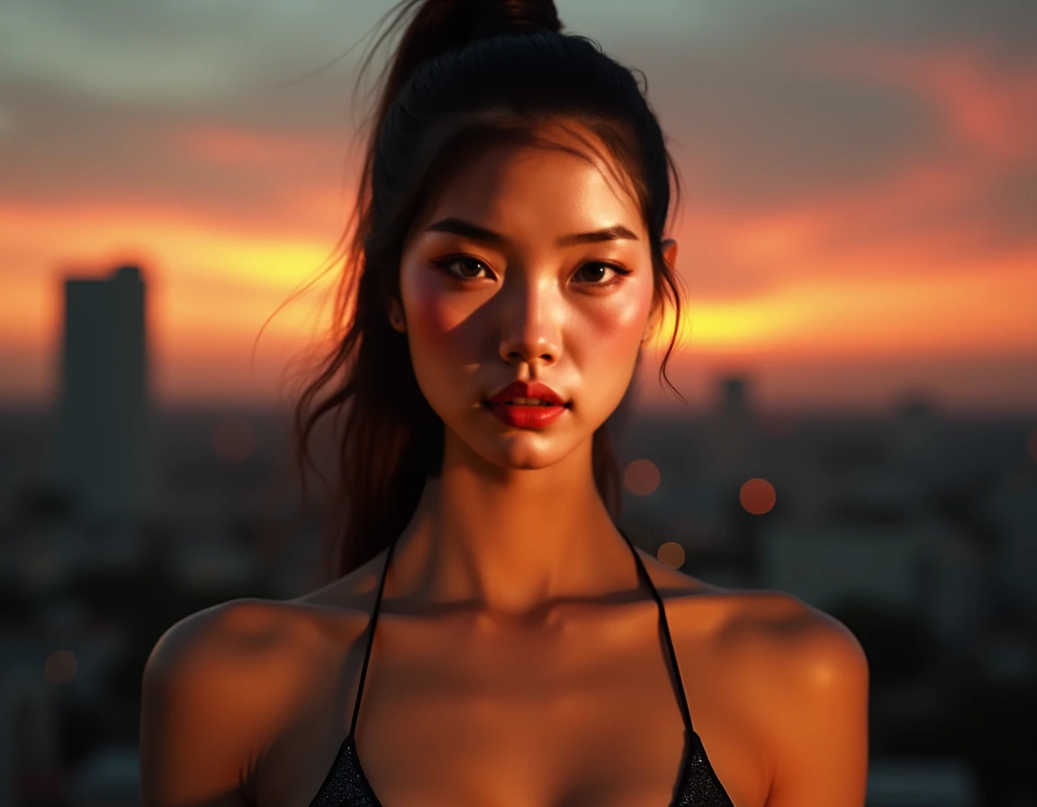 (masterpiece, ultra high res, photorealistic:1.9), symmetrical centered headshot of a Southeast Asian woman (Filipina), bronzed skin, almond eyes with bold eyeliner, glossy nude lips, high ponytail, shimmering black bikini top, urban cityscape at sunset in...