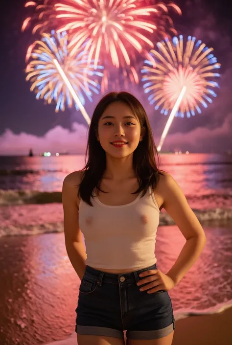 A beautiful 18-year-old Thai girl with white skin, slim figure, wearing a white tank top and short denim shorts, smiling while watching the fireworks display at Pattaya beach at night, breathtaking fireworks filling the sky, portrait shot by a renowned pho...