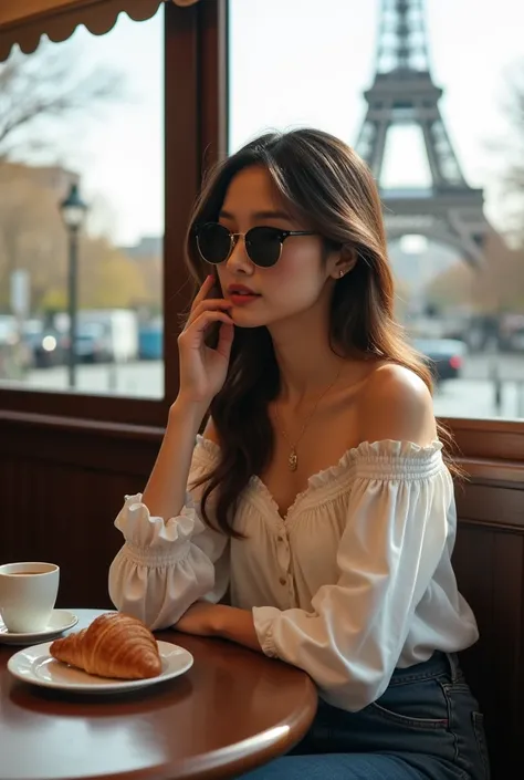 An Asian teenage girl, around 17-19 years old, sitting at a cozy café in Paris, wearing a chic off-shoulder blouse paired with high-waisted jeans. She is accessorized with a delicate gold necklace and stylish sunglasses. The scene captures her enjoying a c...