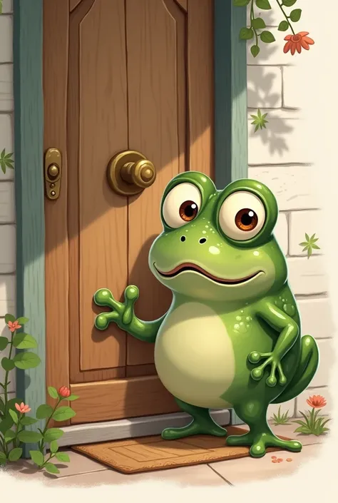 A cute and worried 2D toad knocking on a door  