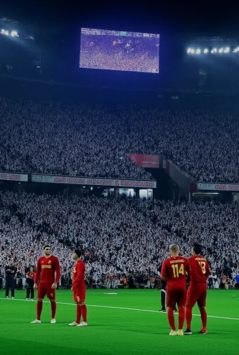 A cinematic scene featuring Mohammed Salah, the Liverpool football player, and Superman, standing on a stadium field. Both characters are intensely staring at each other, with the stadium lights casting dramatic shadows. The background shows a packed audie...