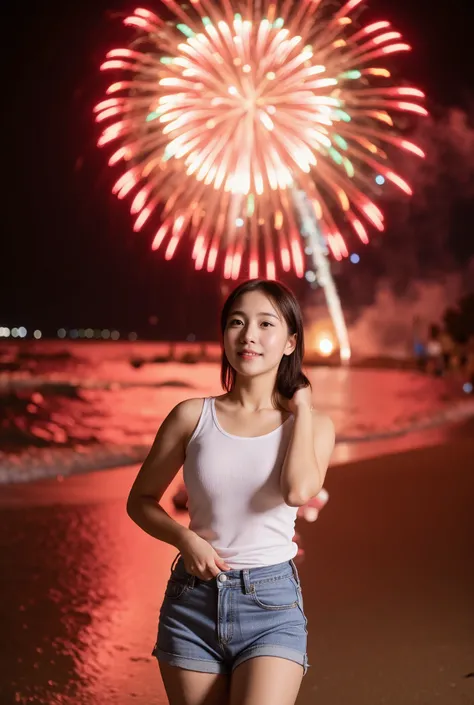 A beautiful young Thai girl, 18 years old, with fair skin and a slender figure, wearing a white tank top and short denim shorts, smiling and watching the fireworks display at the beach in Pattaya at night, the colorful fireworks lighting up the sky, a prof...