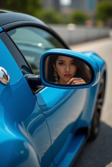  Photo of a luxurious blue Bugatti Veyron super sport super sport car , driving down the road with rearview mirror .  The reflection in the rearview mirror shows the beautiful face of a sweaty Indonesian woman, big breasts, big boobs,The background contain...