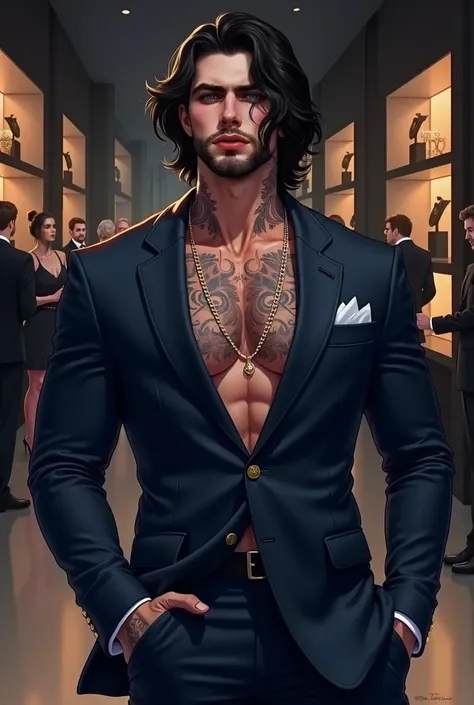 horizontal image. Full body portrait .  Realistic illustration. digital art. imagen realista.  Aesthetic and romantic image . He poses half a profile , Front focus. A stocky man , I bet, elegant,  at a luxury event . The man is tall, He has a stocky neck a...