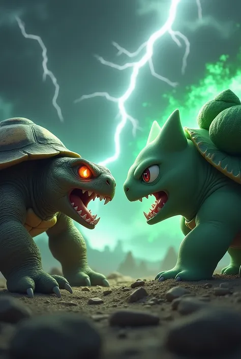 An angry turtle and an enraged Bulbasaur facing each other in an intense confrontation. The turtle has its head retracted into its shell, ready to strike, while Bulbasaur is baring its sharp teeth and glowing with an ominous green aura. Their eyes are narr...