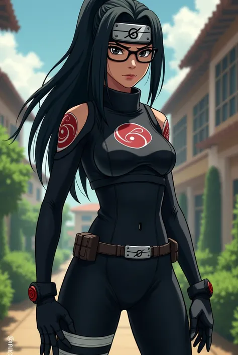 A black woman, the villa de konoha, wearing a combat suit ,  headband with black dreads all over her head,  black eyes , glasses and a Konoha  