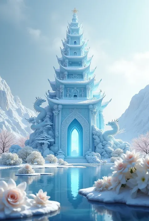   huge Chinese ice temple, Surrounded by water  , Surrounded by white lilies and white roses.