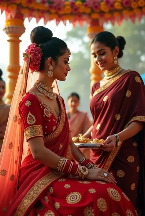 Ruhi (23, a beautiful matured girl dressed in a radiant red lehenga with intricate gold work, a matching red blouse with heavy zari embroidery, and a sheer dupatta draped over her head) sits under the floral mandap during the Ganesh Pooja. Her hair is styl...