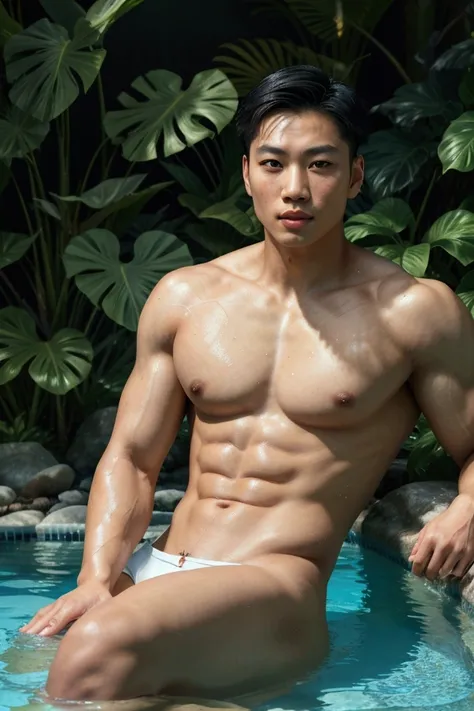 a handsome asian man with beautiful detailed eyes,detailed lips,extremely detailed face and skin,flawless complexion,muscular physique,sitting in a pristine swimming pool,surrounded by lush tropical plants and flowers,sunlight reflecting off the crystal cl...