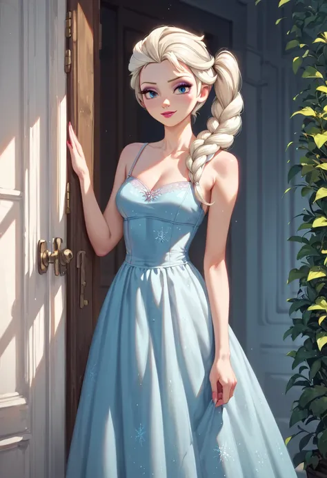  score_9,  score_8_up,  score_7_up,  score_6_up,  score_5_up,  score_4_up,  source_Anime, tag1,  tag2, quality_ Masterpiece ,  anatomically correct, elsa frozen, long hair, platinum  blonde hair, side ponytail, blue eyes, light skin, standing, sundress,
