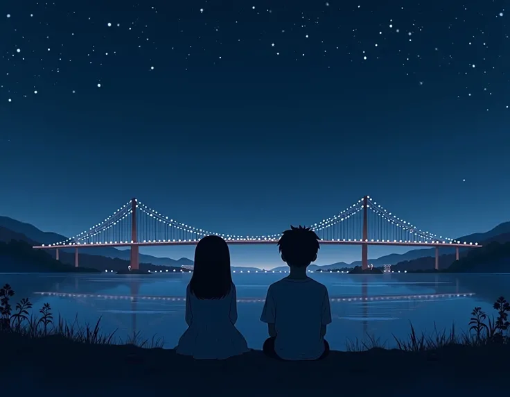  sitting on the shore I want an image that looks like a dark type with stars and that shows the Han River bridge in South Korea.  I want two black silhouettes , one of a girl and one of a boy ,  type who are enjoying the view 