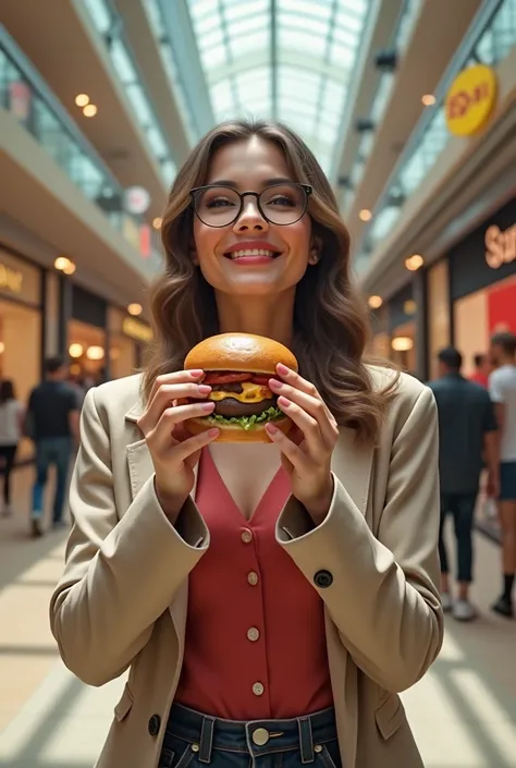 Woman eating a hamburger in a mall