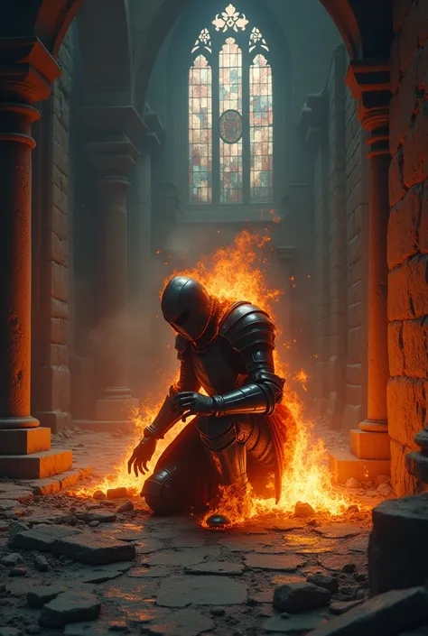 A knight bent over in flames inside a Gothic castle