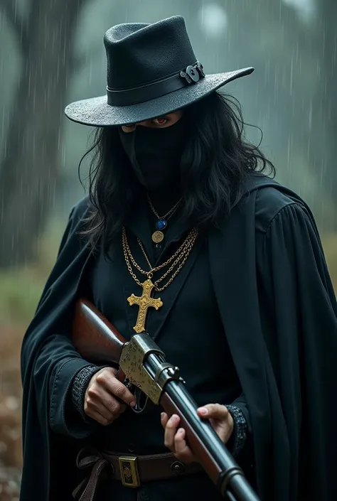  Old vampire man wearing a van hellsing hat,   with extremely sexy black hair  ,  sad, In the rain,  red eyes,  a golden neck crucifix  , in Templar clothing , who has an antique rifle in his hands and an antique revolver held around his waist; Capped face...