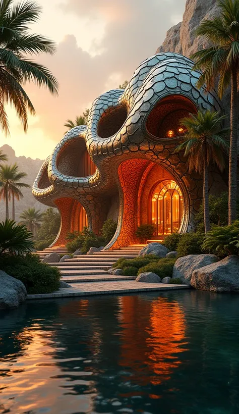 "A futuristic mansion with architecture inspired by an ornate tiger design, featuring intricate metallic patterns resembling tiger stripes, glowing orange and golden lights illuminating the structure, surrounded by lush greenery and a reflective water body...