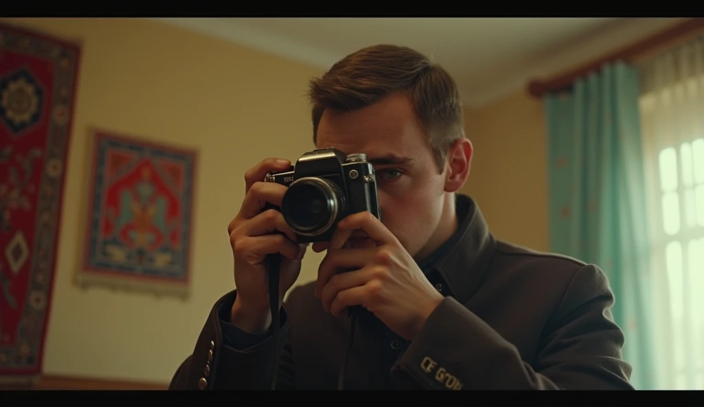 Soviet New Year A guy with short hair takes pictures with an old film camera new year bad apartment, ковер на стене русский 1963 retrocam ussr cinema 1970s 1960s 35mn panavision 70s old retro movie shot screen vhs