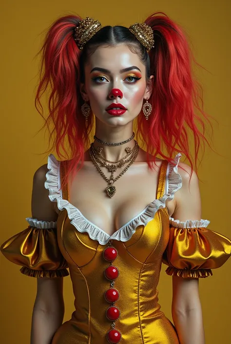 An Award-Winning Masterpiece for Vogue Fashion magazine, Sensual, Sexy, Desirable, Hot, Award-Winning Masterpiece,  a woman dressed as a sexy clown with mixed colored hair, in the style of magical girl, colorful Moebius, light yellow and dark crimson, penc...