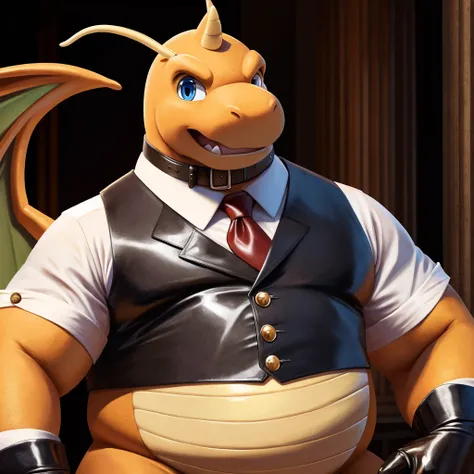 Solo, close up, Male, fat, extremely obese, gentleman, dapper Magician Dragonite, blue eyes, wearing a top hat, wearing a glossy leather collar, wearing the leather collar and necktie at the same time, (posing:1.3), (soft shading), 4k, hi res, ((detailed f...