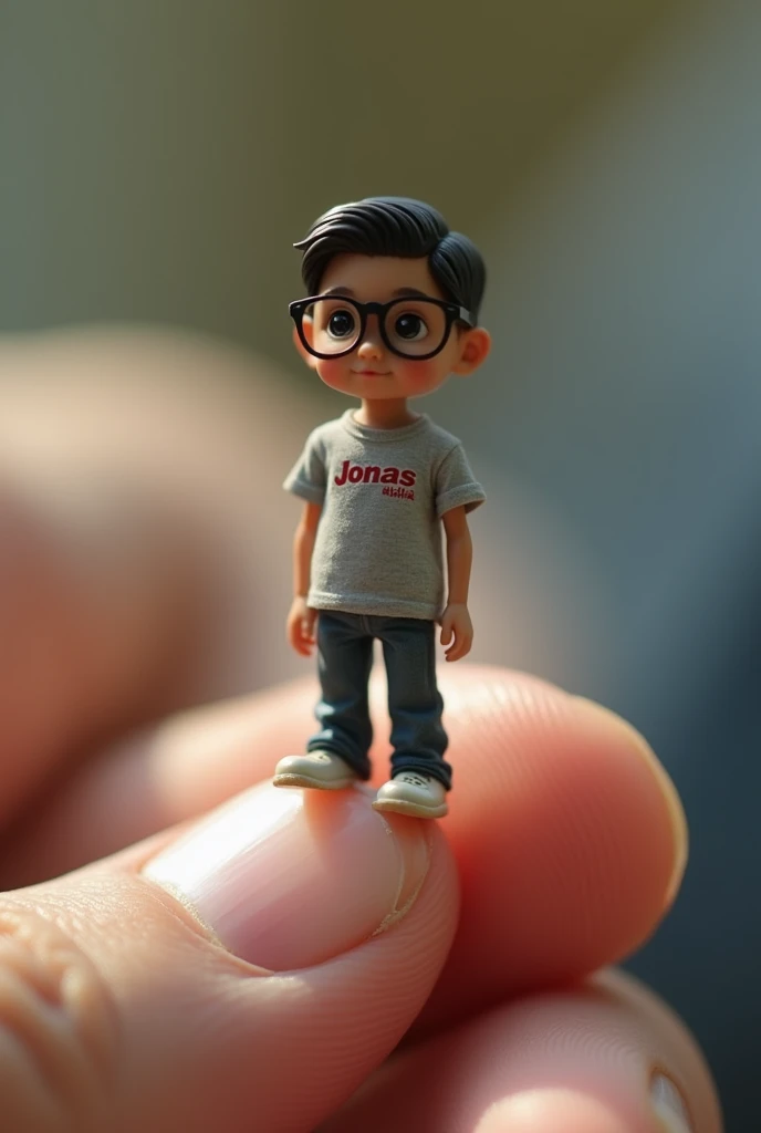 a petite Filipino young man wearing eyeglass, wearing a t-shirt that says "Jonas", the size of a human finger, is shown very close up while standing on a
human finger. The human body and all the fingers that support it are in sharp, textured focus
details....