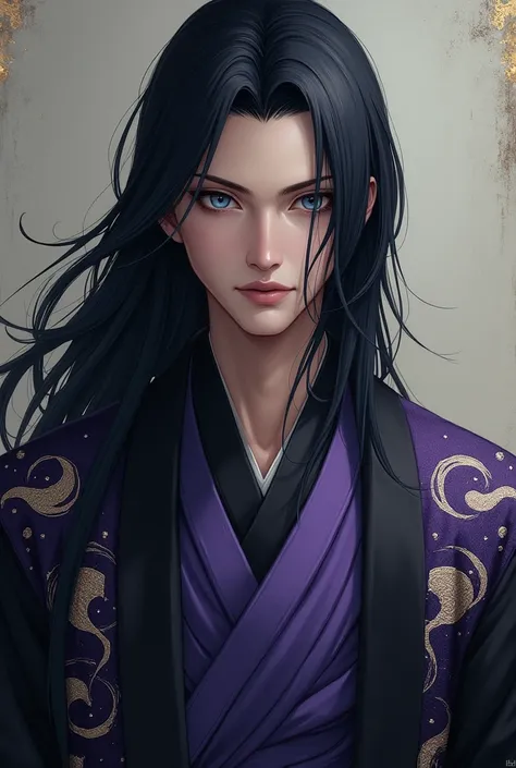 Samurai, man, s,  blue eyes,  long hair, smooth hair,  black hair. Purple and black kimono dress with embroidered moon ornaments