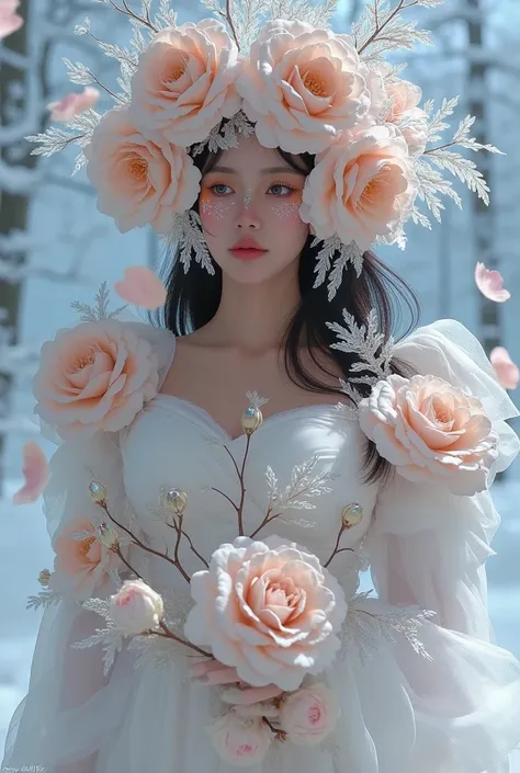  Theres a woman wearing a white dress and a corolla,  ethereal , Flower Empress, girl with a Flower head, Painted face girl,  shes wearing a corolla , Lotus corolla girl , 🌺 CG Society, Friendly cyborg girl with flowers ,  There are frozen flowers all arou...