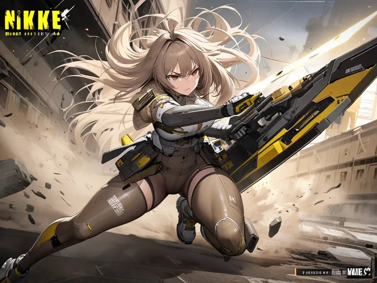 goddess of victory nikke , Full body , messy hair , Light brown hair , Brown eyes , serious , Product 23 , in Combat , fight , high technology.