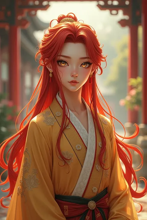 18-year-old effeminate boy with long red and orange hair, silver eyes and antique gold Chinese clothing. (anime) 