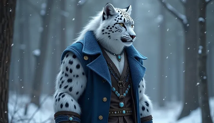 Generate a male furry character merging the grace of a snow leopard and the mystique of a timberwolf. Hes 7 feet tall, with silvery-white and deep gray fur, adorned with starry patterns. Dress him in a refined blue vest, leather pants, and moonstone-sapphi...