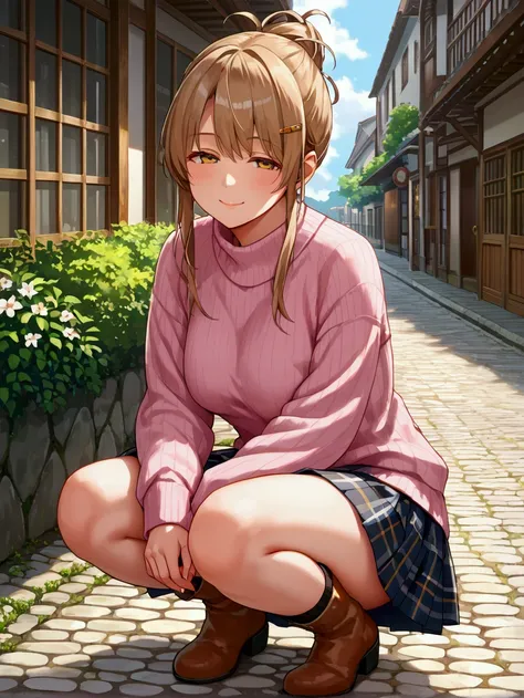 score_9, score_8_up, score_7_up,source_anime, 1girl, solo, light brown hair long hair, hair up a hair clip, (tareme), golden yellow eyes, half-closed eyes, voluptuous, BREAK, legs together, crouching on the cobblestones, closed smile, outdoors, (pink sweat...