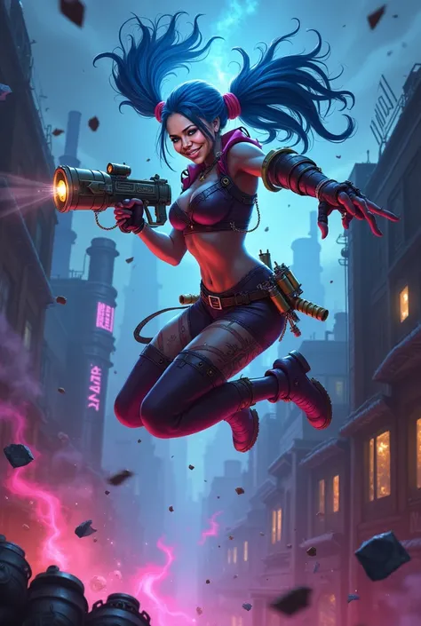 Create an ultra-detailed and dynamic illustration of Jinx from Arcane and League of Legends. Jinx is mid-action, with her signature wild grin and piercing blue eyes locked onto the viewer. Her long, blue braids whip through the air as she leaps from the ed...