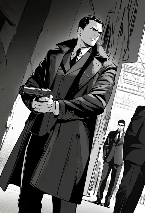 score_9,score_8_up,score_7_up,rating_safety,source_manga,masterpiece,best quality,hyper detailed,super fine illustration,8k,cinematic angle,monochrome,BREAK 1boy,40yo,hitman,mens suits in coat,holding_handgun,standing,BREAK rainy,street,detailed background...