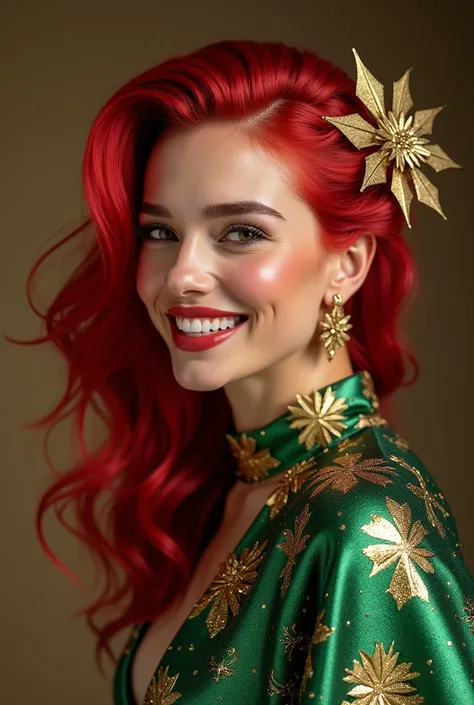 An Award-Winning Masterpiece for Vogue Fashion magazine, Enchanting, Festive, Magical, Captivating, Award-Winning Masterpiece, a woman dressed as a glamorous Christmas muse, with shimmering red and gold hair styled in loose waves, in the style of magical g...