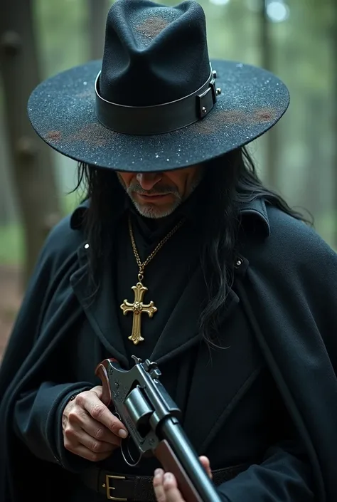   Old Vampire Man Wearing a Van Hellsing Hat,   with extremely sexy black hair  ,  sad, In the rain,  red eyes,  a golden neck crucifix  , in Templar clothing ,  who has an antique rifle in his hands and an antique revolver held around his waist; Capped fa...